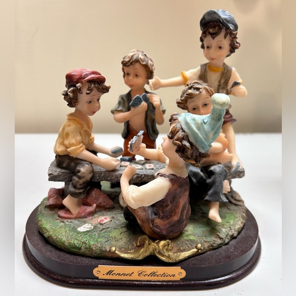 Vintage Monnet Collection Resin Art Piece Figurines Kids On Bench Playing Cards - Picture 1 of 6
